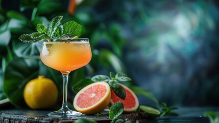 Fototapeta premium Artisanal cocktail recipes featuring a beautifully crafted cocktail with fresh herbs and citrus garnishes