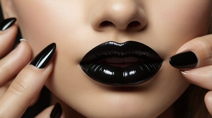 Close up of woman's lips with bold black lipstick
