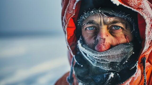 An outdoor worker shivering in heavy winter gear, with frostbite visible on their face, in an Arctic landscape, showcasing the dangers of extreme cold