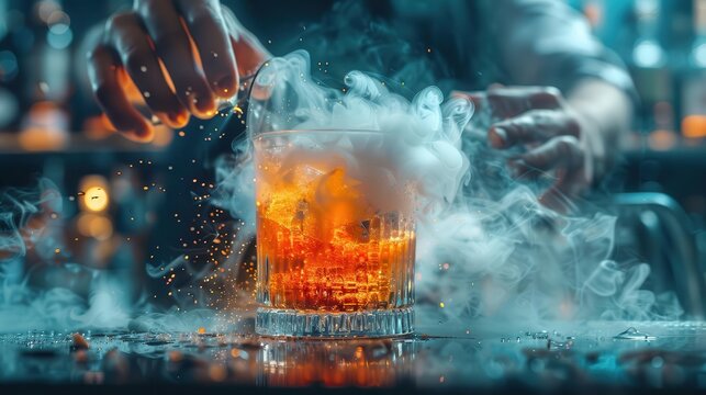 Advanced mixology techniques featuring a bartender skillfully creating a complex cocktail with smoke and molecular elements