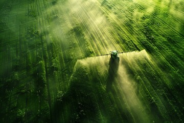 cinematic aerial photography of a tractor spraying at the green field, sunny day, natural lighting, diagonal view