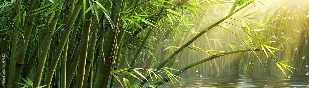 Poster sunlight filtering through dense bamboo forest, lush green stems and leaves creating a tranquil and 