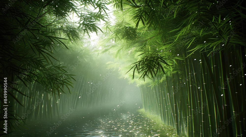 Poster Serene bamboo forest path with sunlight filtering through green foliage, creating a tranquil and peaceful natural scenery.