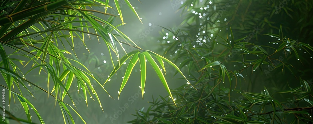 Poster morning sunlight filters through lush bamboo leaves, creating a serene and refreshing atmosphere in 
