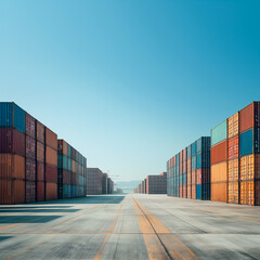 Fototapeta premium Container yard with a clear blue sky. Transportation Logistics concept