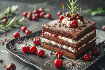 German Black Forest Cake with cherries and cream