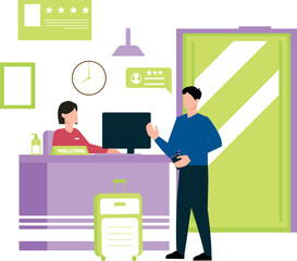 A boy takes information from the reception table.