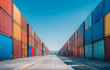 Fototapeta premium Container yard with a clear blue sky. Transportation Logistics concept
