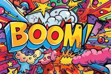 Fototapeta premium Cartoon cute doodles of a comic book explosion with BOOM! text, Generative AI