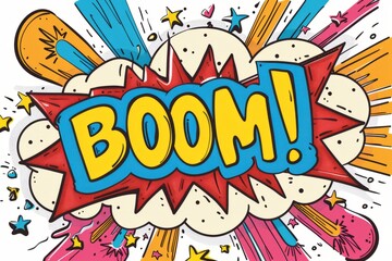 Cartoon cute doodles of a comic book explosion with BOOM! text, Generative AI