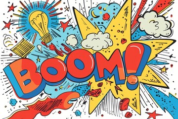 Obraz premium Cartoon cute doodles of a comic book explosion with BOOM! text, Generative AI