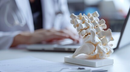 Model of a bone on the desk of an osteopathic doctor. Educational object on the desk of a professor in a medical school, with a blurred background of a male doctor typing on a laptop.
