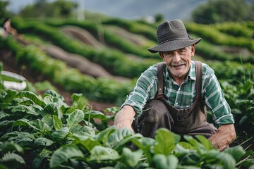 Male farmer working in the green field, random scenes 
