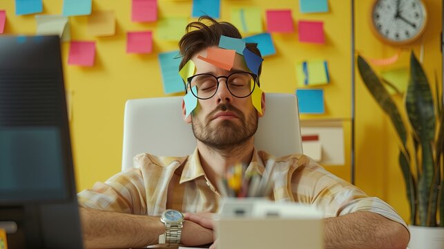 Tired businessman with sticky notes stuck to his face while sleeping at work, sitting at desk with laptop, lazy inefficient young man taking a nap