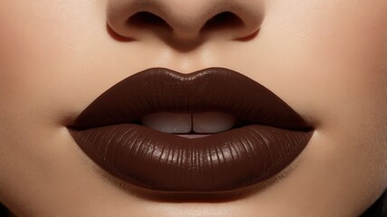 Close up of dark brown lipstick on lips open mouth romantic face, fashion lady ai generative 