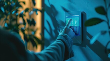 A woman is using a modern smart home system installed on the wall. Pressing a button to activate the alarm system. Security features. Smart home for comfort and life protection.