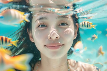 portrait photo shot under the ocean korean girl look at tropical fish front view, happy 