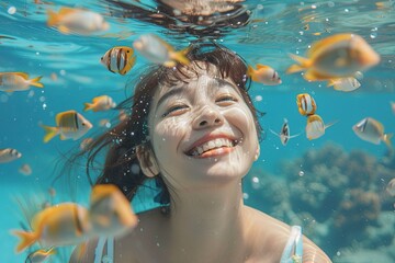 portrait photo shot under the ocean korean girl look at tropical fish front view, happy 