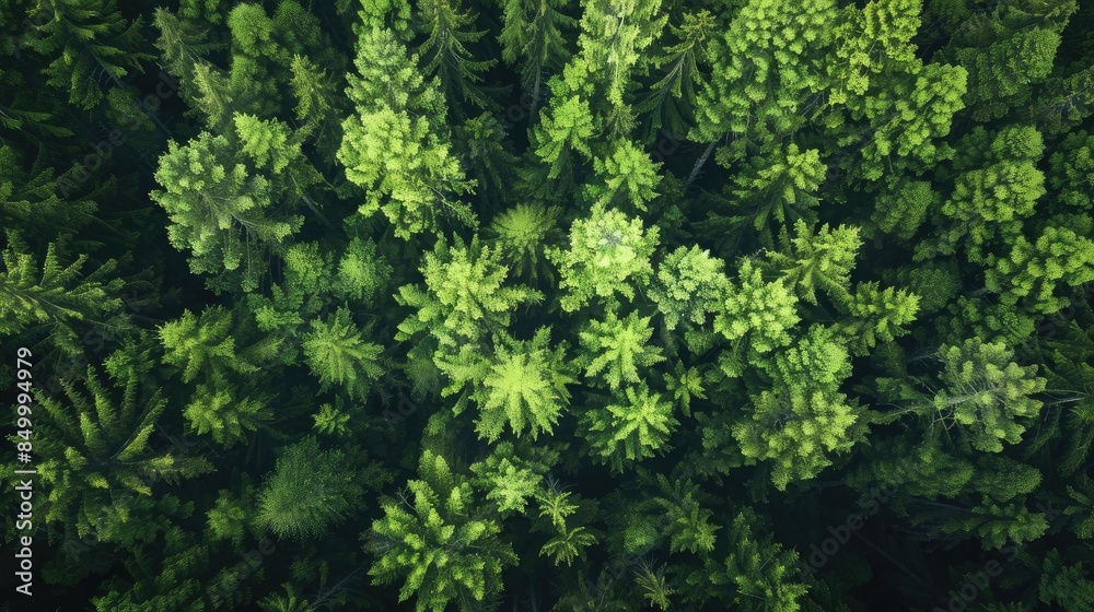 Poster Aerial view of lush green pine trees creating a dense forest canopy. Perfect for nature and environmental backgrounds.