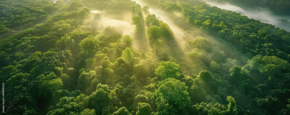 Poster aerial view of a lush green forest with sunrays piercing through the canopy, creating a serene and t