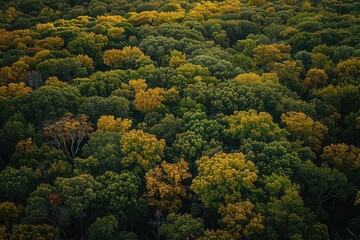 Obraz premium Aerial view of a dense forest with vibrant green and yellow foliage, capturing the essence of nature's seasonal beauty.