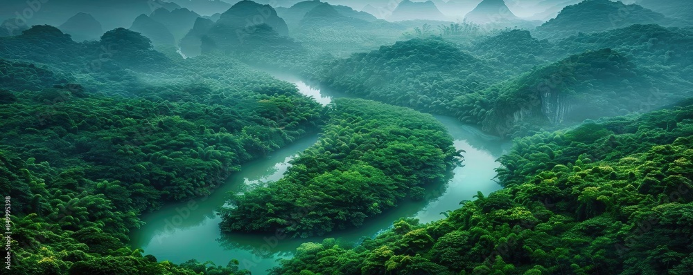 Poster aerial view of lush green forests and winding river shrouded in mist, creating a serene and captivat