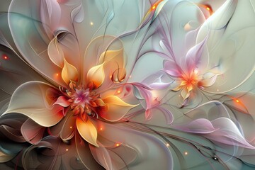 Fototapeta premium Closeup depiction of fantastic beautiful flowers in red, orange and purple on a gray background