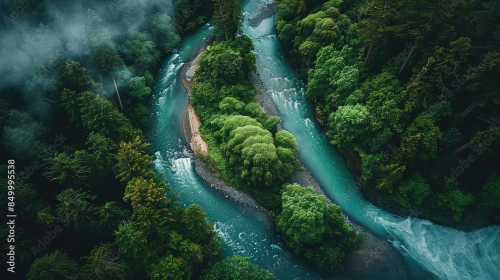 Poster aerial view of a winding river through dense forest, showcasing lush greenery and crystal-clear wate