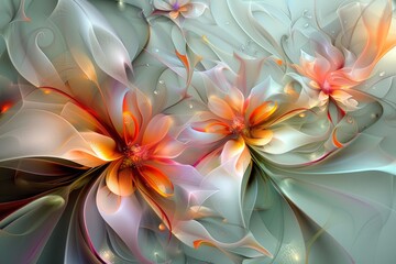 Fototapeta premium Closeup depiction of fantastic beautiful flowers in red, orange and purple on a gray background