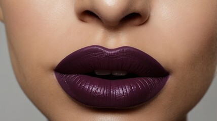 Fototapeta premium Close up of dark purple mate lipstick on lips opwn mouth ai generative 
