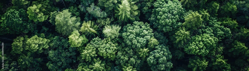Poster aerial view of dense forest canopy, showcasing vibrant green foliage and natural patterns. perfect f
