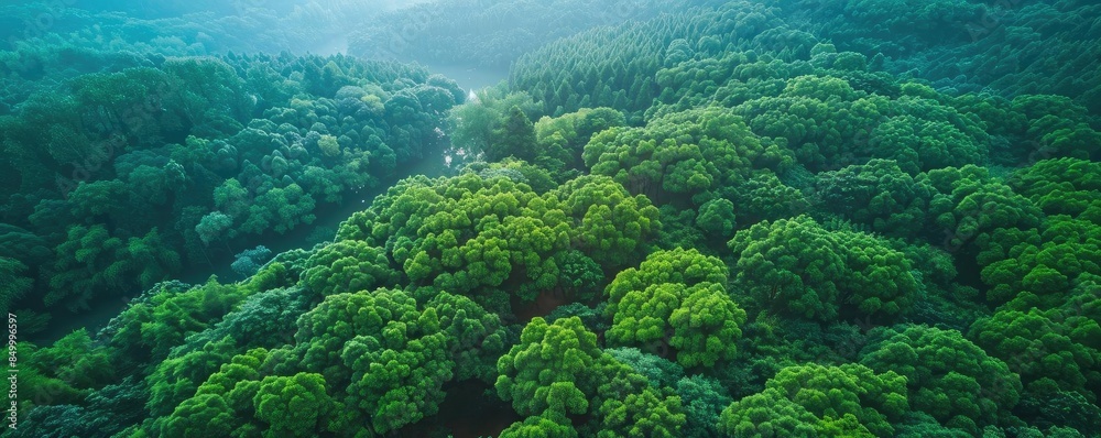 Poster aerial view of dense green forest canopy with misty mountains in the background, creating a serene a