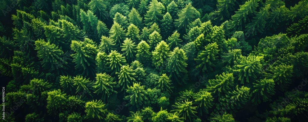 Aufkleber aerial view of a lush green forest with dense treetops creating a vibrant, natural pattern. ideal fo