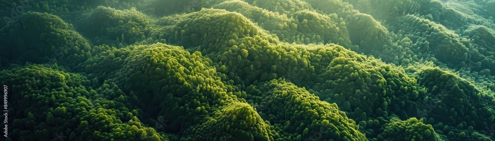 Aufkleber aerial view of lush green forest covered hills with sunlight casting shadows, creating a serene and 