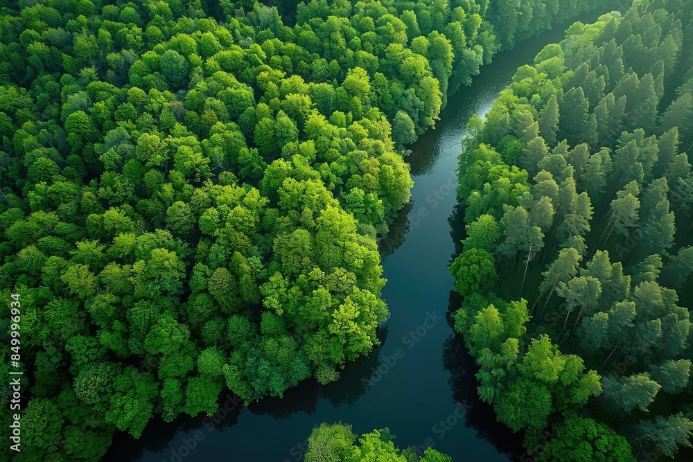 Poster aerial view of a winding river cutting through a lush green forest, creating a serene natural landsc