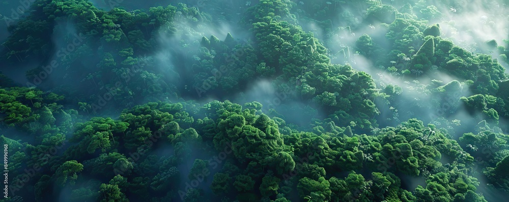 Aufkleber aerial view of lush green forest covered in mist, creating a mystical and serene natural landscape.