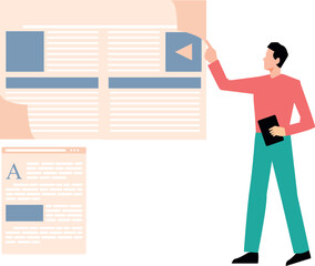 The boy is pointing at the news on web page.