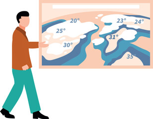 The boy is forecasting the weather.