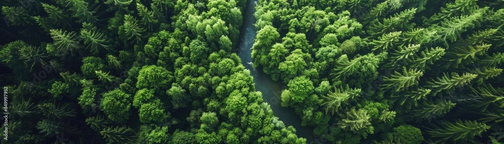 Poster Aerial view of lush green forest canopy with a narrow pathway cutting through the dense trees, showcasing nature's serene beauty and tranquility.