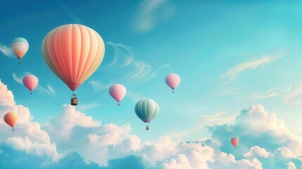 Naklejka premium Spectacular Hot Air Balloons Drifting Through Cloud-Filled Skies. Adventure Exploration concept
