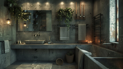 Industrial bathroom with concrete walls, metal fixtures, and green plants for a natural touch.