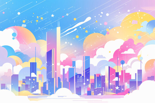 Colorful city skyline with clouds and stars for design, illustration, or fantasy
