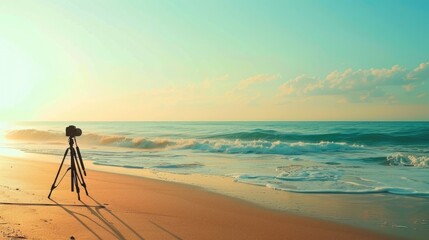 A camera is perched on a tripod, capturing the fluidity of water meeting the sky at the beach. Clouds dance across the horizon, creating a stunning landscape against the backdrop of this serene event