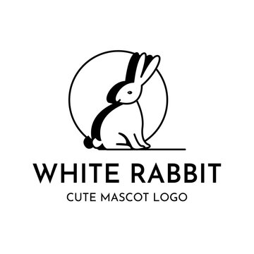 White rabbit with shadow in circle behind for old classic fashion logo design