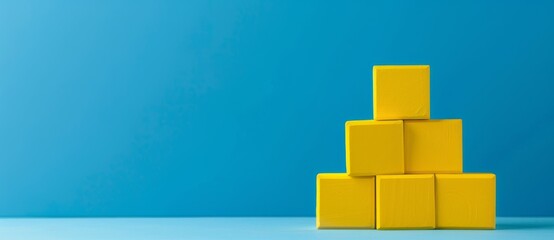 yellow wooden blocks as a pyramid on blue background. Success, growth, win, victory, development or top ranking concept