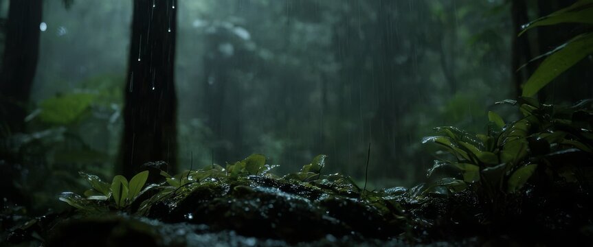 Glowing tent amidst tropical rainforest downpour raindrops glist