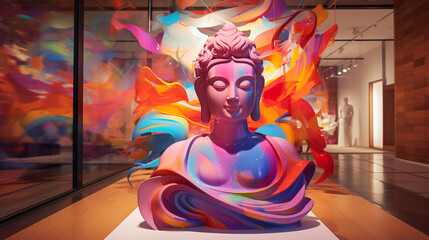 Obraz premium Modern Art Installation of Bodhisattva with Abstract Shapes