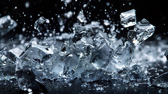 Crushed ice in air on black background