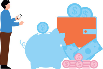 The boy is looking at the piggy bank for saving.