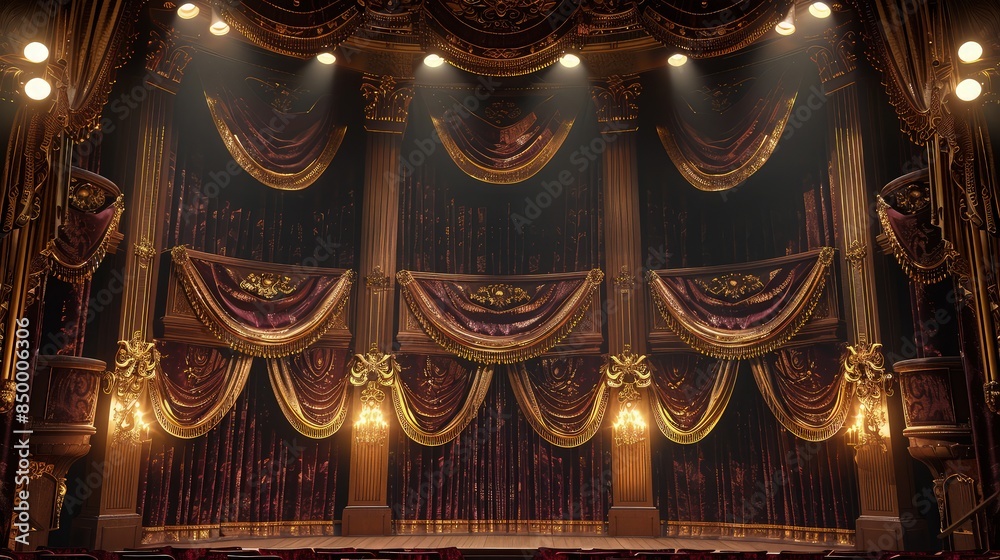 Wall mural A grand opera stage with ornate maroon velvet curtains, golden tassels, and multiple layers of drapery, illuminated by a series of spotlights that enhance the opulence of the setting. - Wall murals